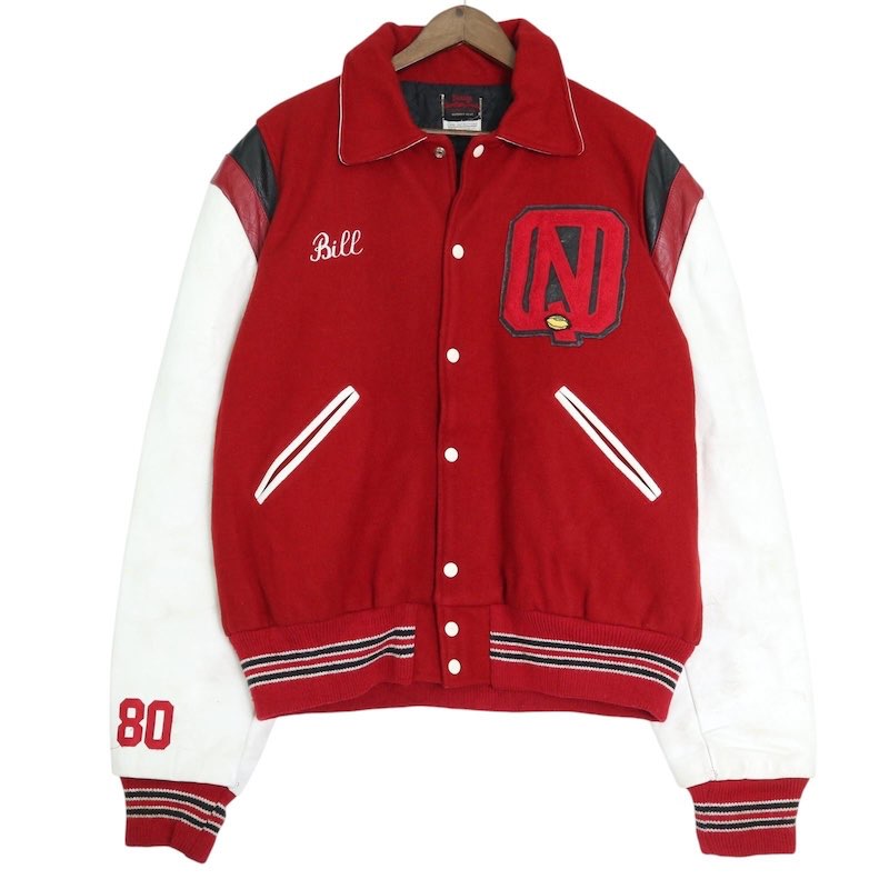 馬鹿でかい大きさ 大きさ58 メンズUS-3XL好いかげんに\u003cBR\u003e 80\u0027s Beacon Sporting Goods 闘技場上衣\u003cBR\u003e メルトン羊毛＆なめし革袖 赤いこと 白いこと 胸囲約150糎\u003cBR\u003e キルトラインドライヴ 上衣 ビンテージ 亜米利加古着 USED BIG大きさ\u003cBR\u003e jc-0212【中古】