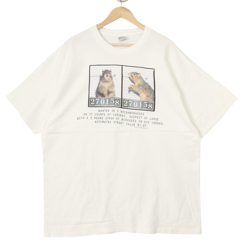 大きいサイズ メンズUS-2XLサイズ 90's Hanes BEEFY クルーネック半袖プリントTシャツ リス WANTED ホワイト 胸囲約130cm ビンテージ アニマル ファニー アメリカ古着 BIG hsc-0321n【中古】｜古着屋Canopus 店