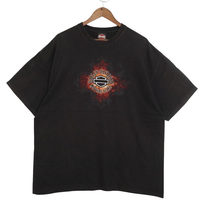 大きいサイズ メンズUS-2XLサイズ<br>00 USA製 ハーレーダビッドソン クルーネック半袖両面プリントTシャツ<br>Wild West バッファロースカル ブラック 胸囲約126cm<br>HARLEY-DAVIDSON バイク アメリカ古着 USED BIG<br>hsc-0501n【中古】