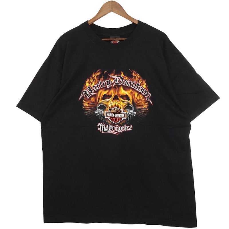 大きいサイズ メンズUS-2XLサイズ<br>00 USA製 ハーレーダビッドソン クルーネック半袖両面プリントTシャツ<br>GHOST TOWN スカルファイヤー ブラック 胸囲約125cm<br>HARLEY-DAVIDSON バイク アメリカ古着 USED BIG<br>hsc-0502n【中古】