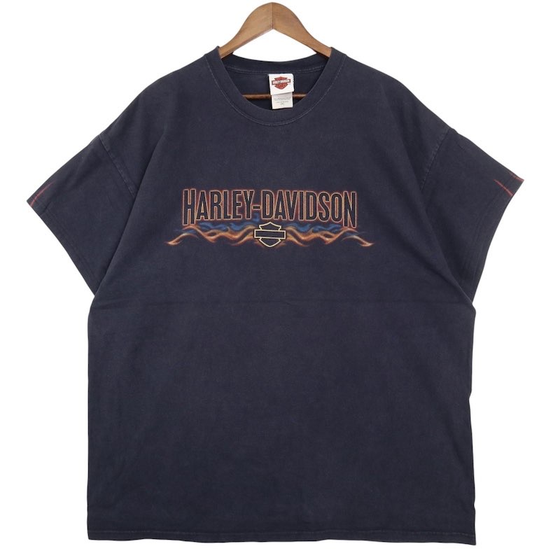 大きいサイズ メンズUS-2XLサイズ USA製 ハーレーダビッドソン クルーネック半袖両面プリントTシャツ GOODフェード CHICAGO ネイビー 胸囲約130cm HARLEY-DAVIDSON バイク アメリカ古着 USED BIG hsc-0507n【中古】