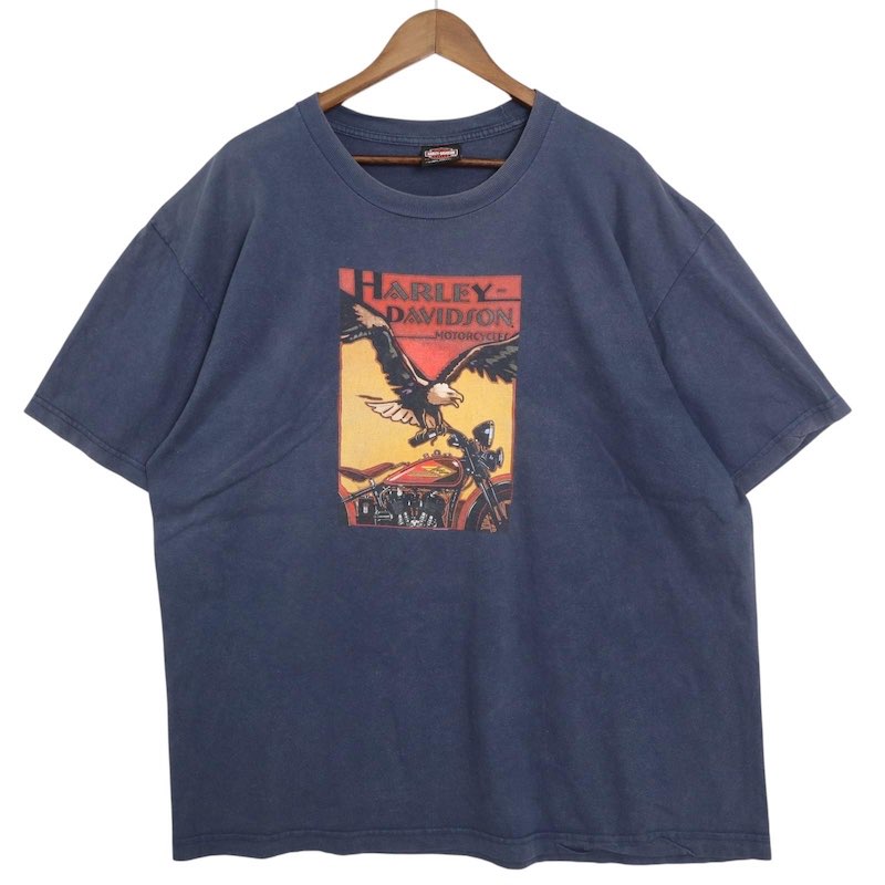 大きいサイズ メンズUS-2XLサイズ ハーレーダビッドソン クルーネック半袖両面プリントTシャツ GOODフェード LIVE TO RIDE イーグル ネイビー 胸囲約132cm HARLEY-DAVIDSON バイク アメリカ古着 USED BIG hsc-0512n【中古】