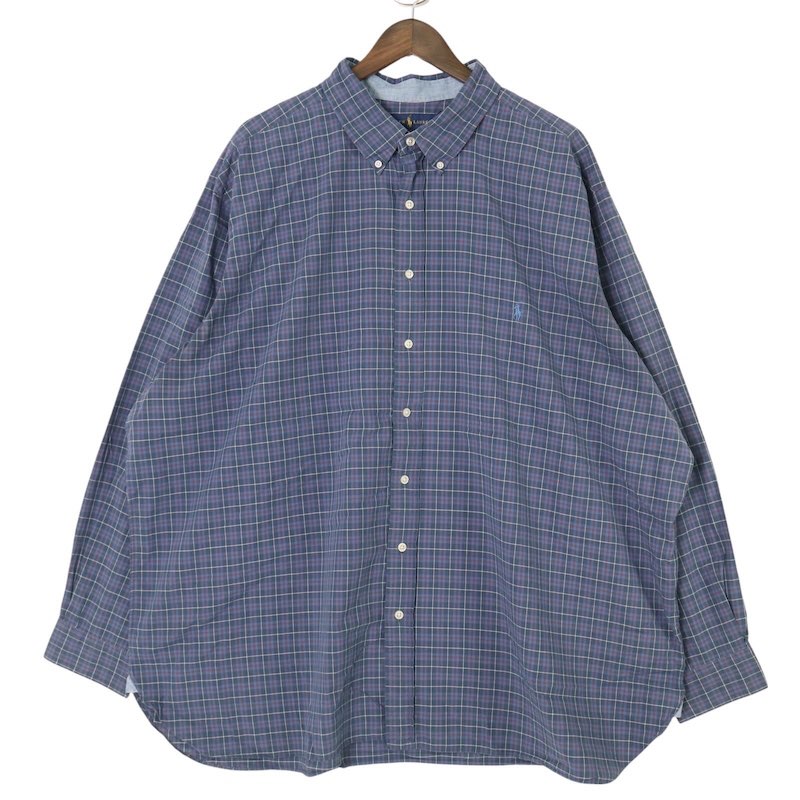 大きいサイズ メンズUS-3XLサイズ ラルフローレン RALPH LAUREN 長袖ボタンダウンシャツ カジュアル BDシャツ 胸囲約164cm チェック柄 ネイビー系 sc-0675n アメカジ BIGサイズ アメリカ古着 【中古】