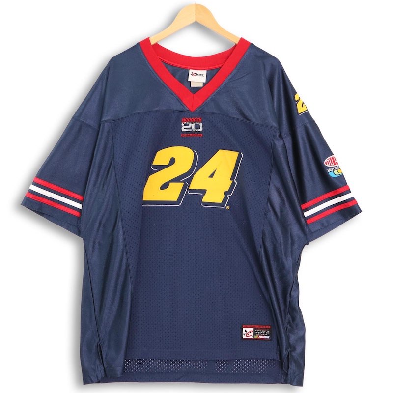 大きいサイズ メンズ2XLサイズ相当 CHASE AUTHENTICS Vネック半袖メッシュフットボールユニフォームシャツ NASCAR Hendrick MOTORSPORTS 20周年記念 ネイビー 胸囲約134cm ジェフゴードン ジャージ アメリカ古着 USED hsc-1098n【中古】｜古着屋Canopus 店