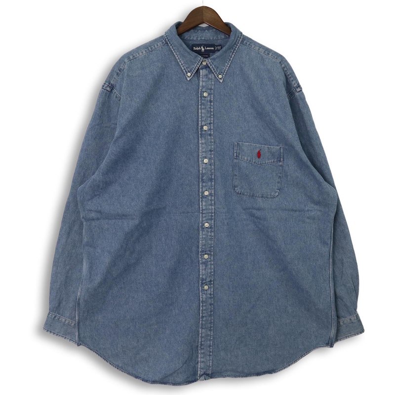 大きいサイズ メンズUS-2XL TALLサイズ 00's ラルフローレン 長袖デニムボタンダウンシャツ ポケット付き ワンポイントポニー刺繍 ブルー 胸囲約152cm オールド Ralph Lauren アメリカ古着 USED BIG hsc-1141【中古】｜古着屋Canopus 店