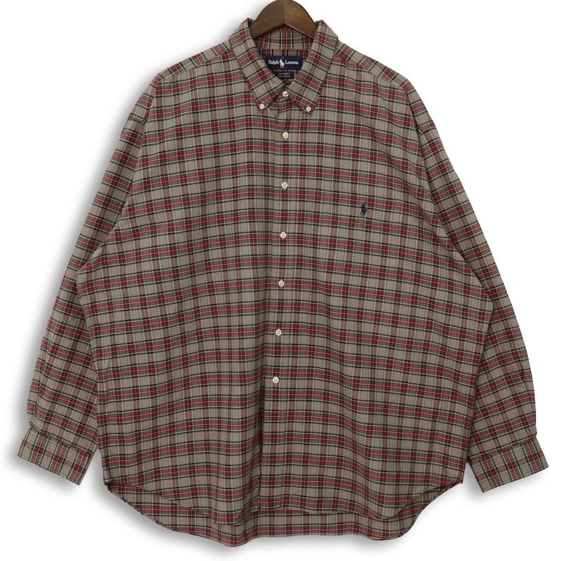 大きいサイズ メンズUS-XXLサイズ 90's ラルフローレン 長袖ボタンダウンシャツ BIG SHIRT オックスフォード地 タータンチェック柄 ポケット付き ワンポイントポニー刺繍 胸囲約157cm オールド RALPH LAUREN アメリカ古着 USED BIG hsc-1142n【中古】|古着屋Canopus 店