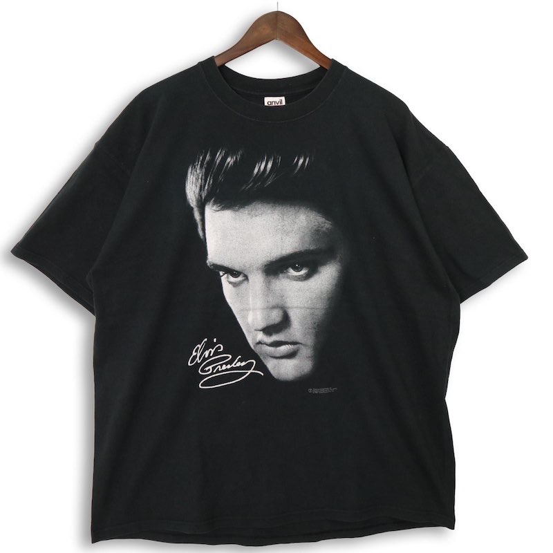 大きいサイズ メンズUS-2XLサイズ 00's anvil クルーネック半袖プリントTシャツ ELVIS PRESLEY エルヴィスプレスリー ブラック 胸囲約130cm ビンテージ R&R ロカビリー ミュージック アメリカ古着 USED BIG hsc-1234n【中古】｜古着屋Canopus 店