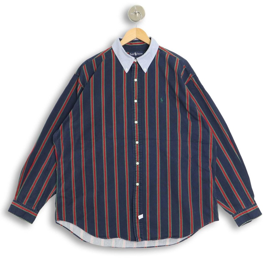 大きいサイズ メンズXL 90’s ラルフローレン RALPH LAUREN 長袖ボタンダウンシャツ 襟オックスフォード ストライプ 実寸胸囲145cm ネイビー系 hsc-1339 【アメカジ】【古着】【中古】|古着屋Canopus 店