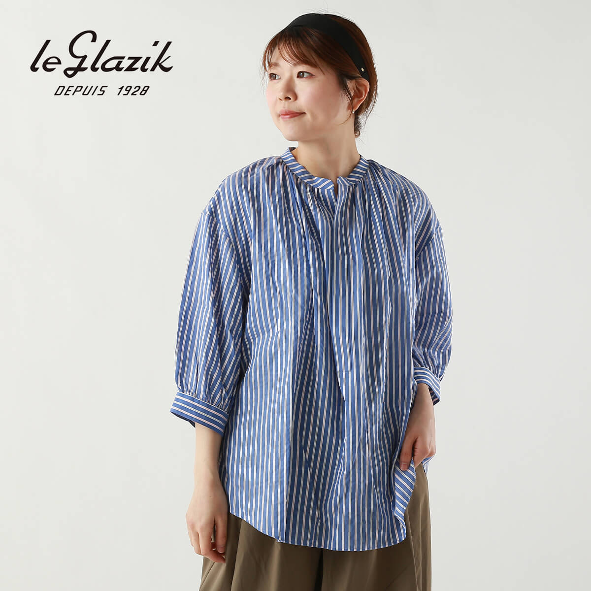 LE GLAZIK - ルグラジック　コットンストライプシャツ LE GLAZIK ルグラジック ストライプ リネンバンドカラーシャツ