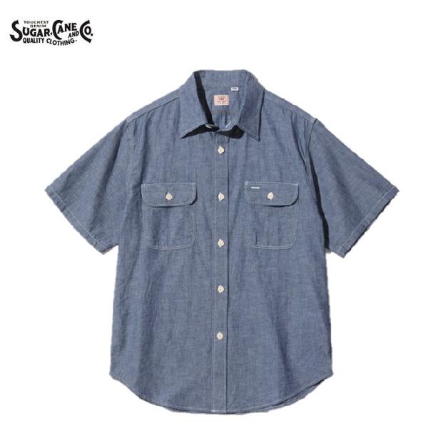 SUGAR CANE 定番ブルーシャンブレー半袖細工物プルオーバー(日本製)BLUE CHAMBRAY WORK SHIRT (SHORT SLEEVE) SC37941（シュガーケーン)MADE IN JAPAN日本製