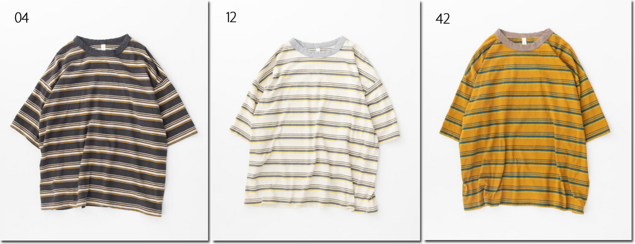 ●prit　【プリット】　19/1リサイクルムラ糸天竺マルチボーダー 5分袖クルーネックワイドＴシャツ　P91631