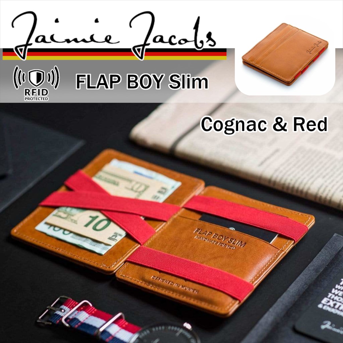 Jaimie Jacobs FLAP BOY SLIM 巫女寄せの紙入れ コニャック＆赤いこと （ スキミング押しとどめる 超パウダーコンパクト 差し上げ物ボックス席付き添い人 ） 【 置き目インポート品 】（ 日本まる取り売りわたす権手に入れる) かっこいい カッコイイ  オシャレ 今めかしい