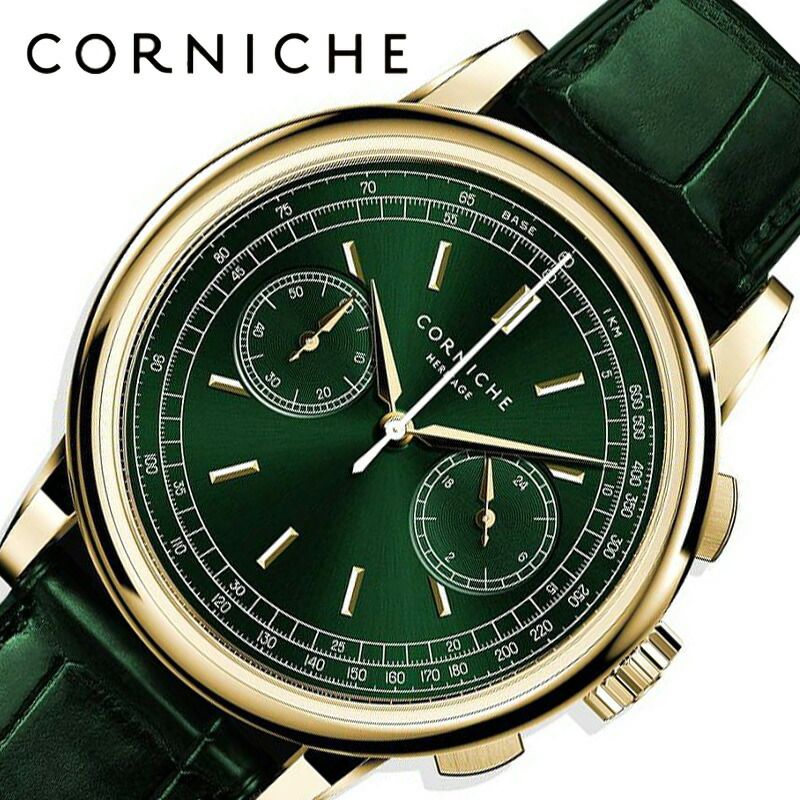 コーニッシュ 腕時計 CORNICHE 時計 ヘリテージ・クロノグラフ Heritage Chronograph メンズ CW-HC-YGG 男性 グリーン ハイブリッドムーブメント メカクォーツ セイコー 製 ムーブメント Seiko VK64 おすすめ ブランド プレゼント 新社会人 入学 卒業 ギフト