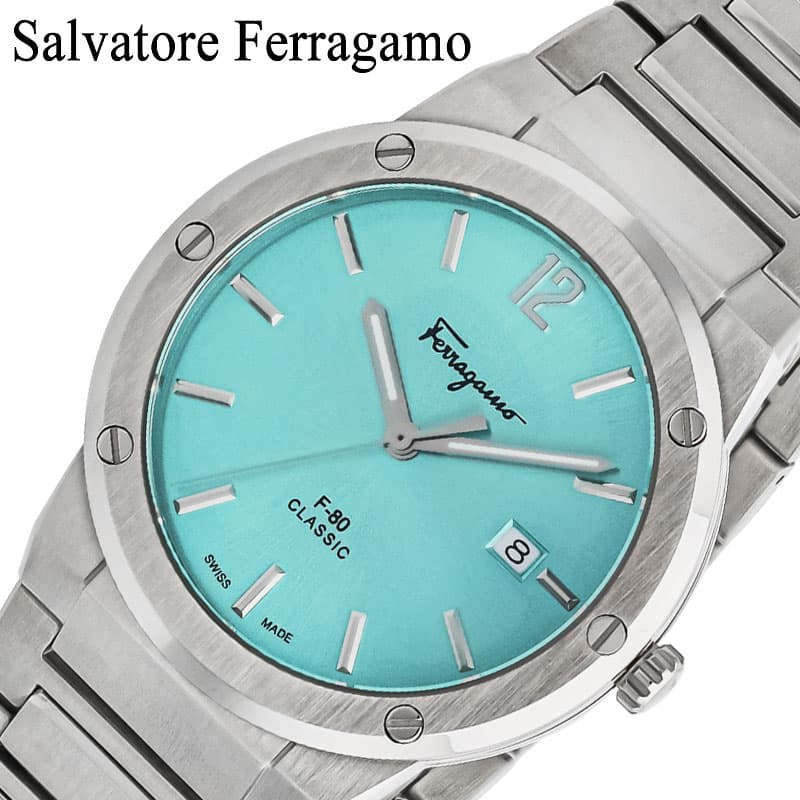 サルバトーレフェラガモ　F80 クラシック　デイト表示　革ベルト　青 セール】Salvatore Ferragamo/サルヴァトーレ・フェラガモ F-80
