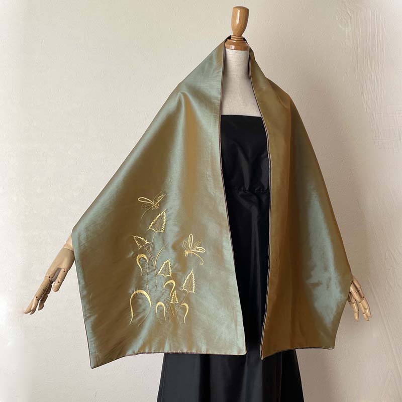 シルクタフタ 刺繍ショール リバーシブル ダブルフェイス ブラウン オリーブ系 和装 50代・60代・70代・ミセス・シニア 母の日ギフト 誕生日プレゼント｜きゃらファッション