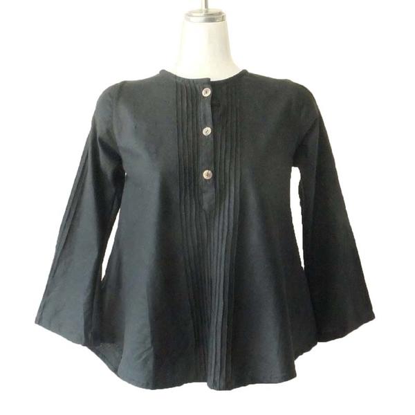 【全品50%OFF！20日まで】ブラウス リネン混 ピンタック 七分袖 ブラック 無地