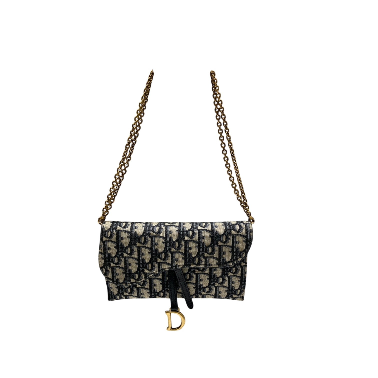 【中古】Christian Dior クリスチャンディオール チェーンウォレット チェーンショルダーバッグ ミディアム オブリーク ジャガード ネイビー ゴールド金具 ポーチ付き レディース S5614CTZQ｜CARA　VINTAGE＆SELECT