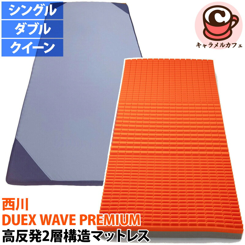 【 西川 】DUEX WAVE PREMIUM 高反発 2層構造 マットレス シングル 78458 ダブル 77715 クイーン 77716 厚さ 10cm 敷布団 ネイビー仰向け 横向き フィット 体圧分散 リラックス 高反発素材 寝返りが楽 通気性抜群 メッシュ コストコ キャラメルカフェ 通販 直送｜キャラメルカフェ