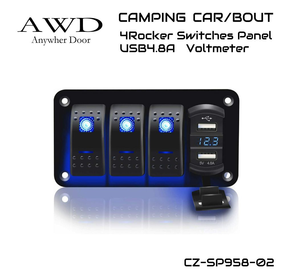 キャンピングカー パーツ 車用 スイッチ パネル スイッチパネル 埋込式 車中テレワーク アウトドア 12v DC12v ポート USBポート 増設 車 充電 急速 CA/BO 3連ロッカースイッチ&4.8A 2USBポート&ボルトメーターパネル CZ-SP958-02 送料無料 即日出荷