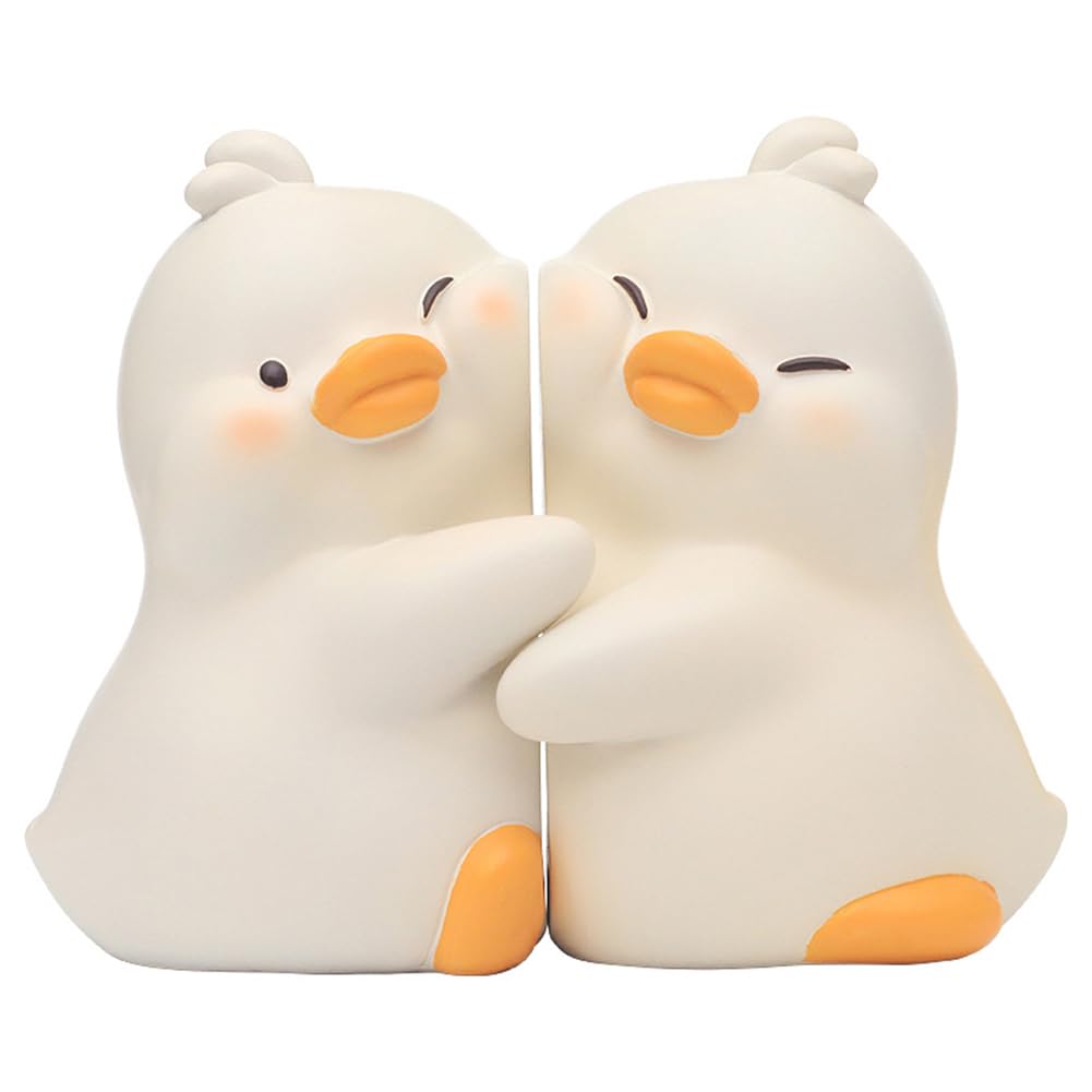 かわいいブックエンド 小さな黄色いアヒル 装飾樹脂 ブックエンドアヒル 動物 ブックエンド 縦型 卓上 本立て かわいいアヒルハグブックエンド樹脂ブックストッパー本棚ストッパー学生教科書用 (ワイト)