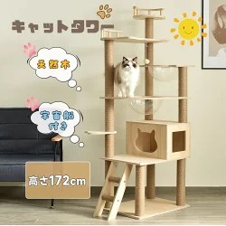 【即納】キャットタワー 据え置き 木製 天然木 宇宙船付き 猫タワー 高さ172CM 階段 機能満載 爪とぎ 多頭飼い 安定感抜群 頑丈 省スペース 猫ハウス キャットポール おしゃれ ポンポンおもちゃ 猫用品 おしゃれ 隠れ家