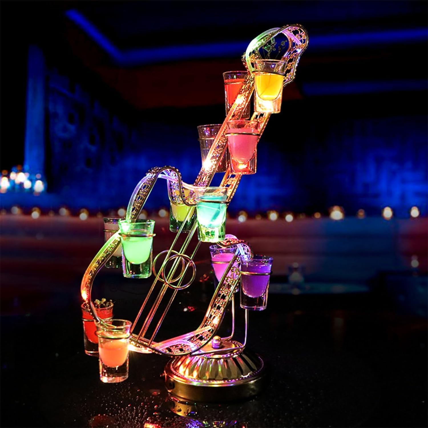 LED酒壜の書きあらわす棚 今めかしい  12穴 佇まい盛り上がる カクテルグラスホルダーLED酒水のみ仕合わせ テキーラご覧になる車 カウンタートップワイングラスホルダー 自主独往型の卓上テキーラカップの納めるラッ ギター