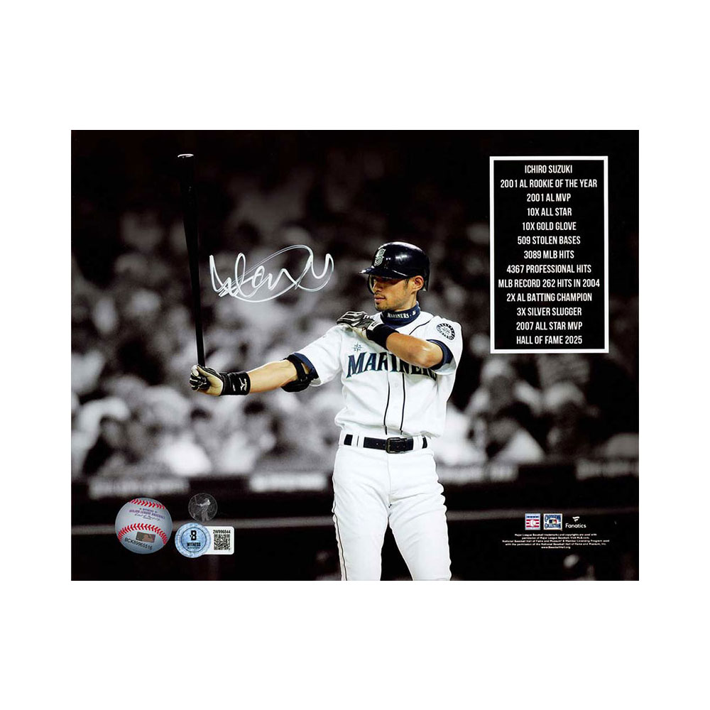 イチロー 直筆サイン入り8x10フォト シアトル・マリナーズ スタッツ / Ichiro Suzuki Autographed 8x10 Photo Seattle Mariners Stats IS Holo & Beckett BAS Witness Stock