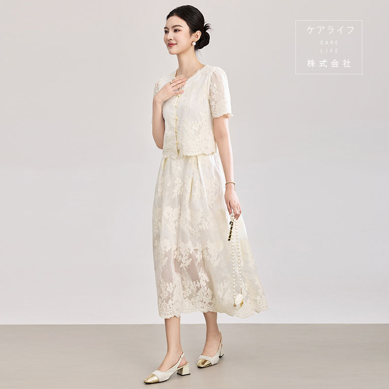 【夏スカートスーツ】レディーススーツ セパレート パーティードレス 夏セットアップ 半袖シャツ 綿刺繍ブラウス フォーマルリクルートスーツ ミモレ丈スカート スーツスカート 綿刺繍スカート ロング丈スカート Aラインスカート 総レース上下セット 綿刺繍レディーススーツ|ケアライフ店
