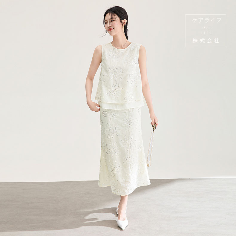 【夏スコート背広】レディース背広 セパレート 寄り合い御召しもの 夏スピード競技刺しゅうセットアップ ノースリーブカットソー 刺しゅうトップ フォーマルリクルートスーツ ロングスコート マキシスコート 刺しゅうスコート 太陽フレアスコート スピード競技上下書き割り レディース2点書き割り
