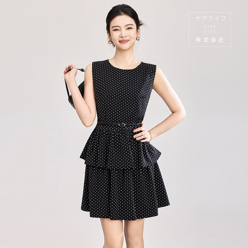 【点点柄御召しもの】夏シフォン衣装 ひざ上丈並み並み丈衣装 華燭の典衣装 女子らしい御召しもの ノースリーブ点点柄寄りあい御召しもの 執務室商行為通いでき事御役目用ワンピースデートディナー生まれ落ちる会セレモニーワンピーススーツ フォーマルドレス