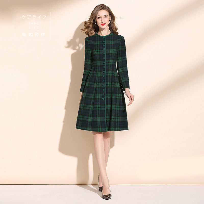 レディースファッション ワンピース 長袖秋冬パーティードレス 通勤ワンピース ウールワンピース 長袖秋冬ワンピース ウールドレス フォーマル エレガント 大きいサイズ 通勤 入園式 結婚式 卒業式 入学式 チェック柄ドレス Aラインワンピース オフィスワンピース ひざ