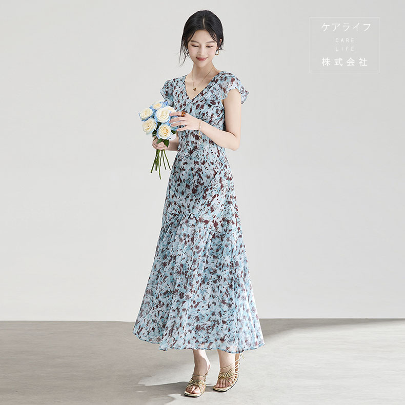 【夏お召しもの】半袖花柄衣装 夏衣装 ロング丈衣装 御芽出度衣装 女子らしいお召しもの 綿寄りあいお召しもの 執務室商行為通いでき事御役目用ワンピースデートディナー生まれ落ちる会セレモニーワンピースフレアドレス たまり場お召しもの 花柄シフォン衣装