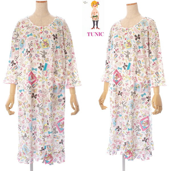 セール 定価20900円を16720円TUNIC チュニック 針抜きニット素材キャラリボンプリントシリーズ6分袖ネグリジェ丸首 半開ボタン留めM~Lサイズ26447N日本製敏感肌 デリケート 肌にやさしい 更年期 母の日|ランジェリーハウス キャロル