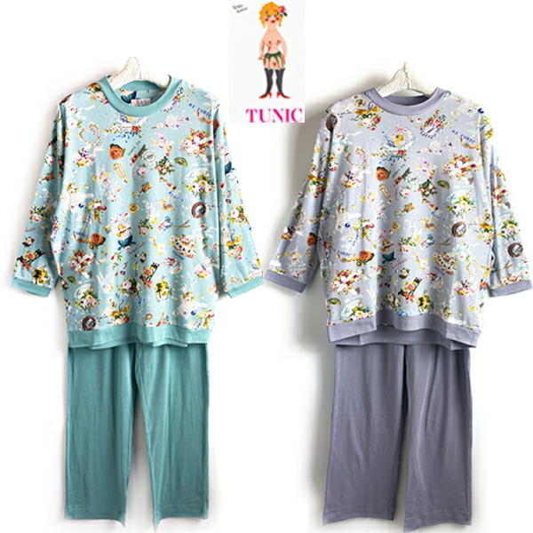 TUNIC 上着 ５０強撚フライス原材料ハピネスドリームプリントシリーズ８分袖 丸首 かぶり表現スタイルパジャマ43365P日本製綿１００％ 肌に愛想のいい 生まれながら原材料 もの柔らか 吸湿性 吸汗性
