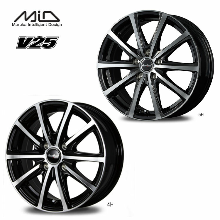 12インチ 4H100 4B 4B+42 4穴 ユーロスピード V25 ホイール (1本/2本/4本) ブラックポリッシュ MID WHEELS V25 送料無料 エムアイディー ホイール