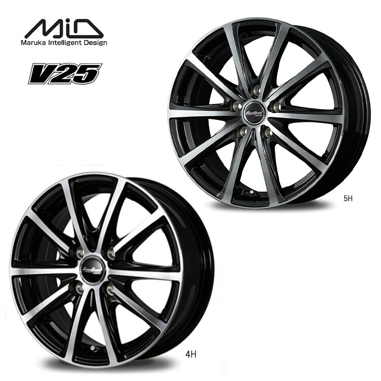 14インチ 4H100 5.5J 5.5J+38 4穴 ユーロスピード V25 ホイール (1本/2本/4本) ブラックポリッシュ MID WHEELS V25 送料無料 エムアイディー ホイール