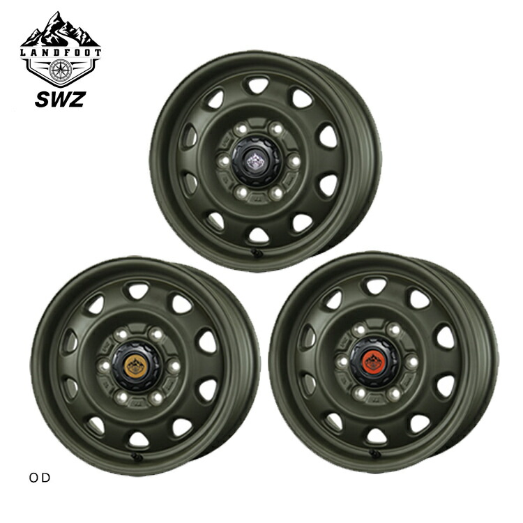 【お買い物マラソン 7/19(日)20:00～】12インチ 4H100 3.5J 3.5J+44 4穴 ランドフット　エスダブリューゼット ホイール (1本/2本/4本) OD(オリーブドラブ) TOPY LANDFOOT SWZ 送料無料 トピー｜カーパーツ倉庫