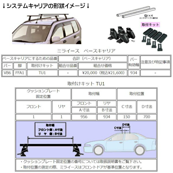 楽天市場 ミライース La300s La310s システムキャリア Tufreq Vb6 Ffa1 Tu1 Set ルーフラック ラック 業務用キャリア ベースキャリア カーゴラック 送料無料 条件有 クルマノブヒンヤ 楽天市場店