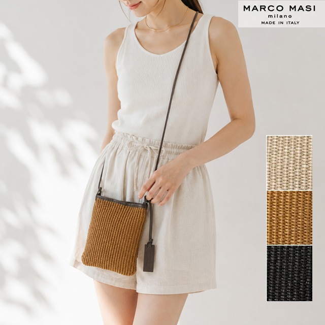 (サマーセール) Marco Masi マルコマージ サコッシュ カゴバッグ ショルダーバッグ レザー ポシェット 薄め ラフィア レディース イタリア製 牛革 本革 3088TRILLI 肩掛け｜Carre