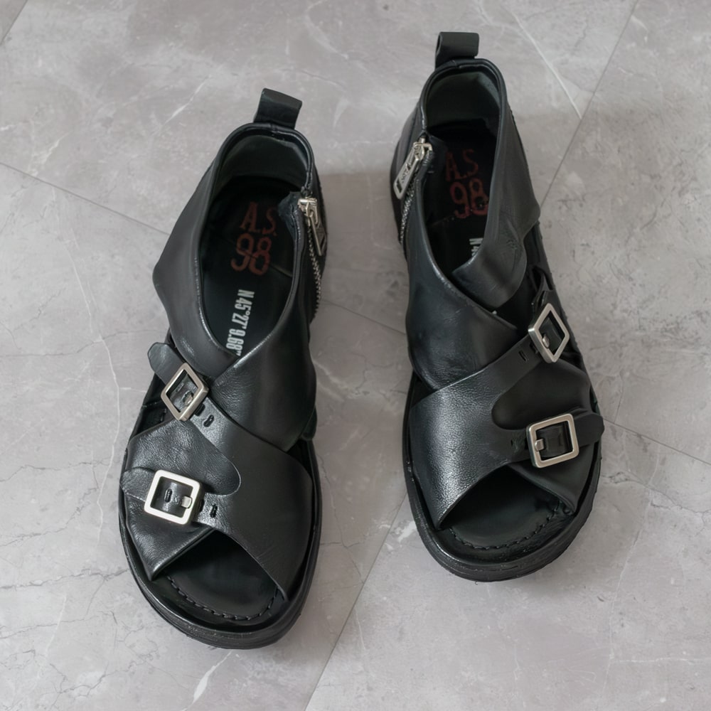 【期間限定30%off】A.S.98 [エアーステップ98]ダブルベルトカバーフラットサンダル4S A16048 NERO ブラックインポート / 本革 / レザー / モード / セレクト / ファスナー /｜CARROT 17,210円