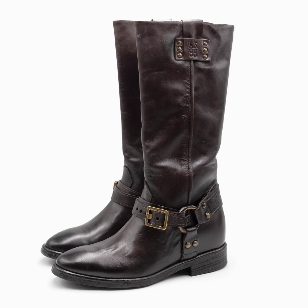 【期間限定30%off】A.S.98 [エアーステップ98]ハーネスベルトデザインロングブーツ5A C14301 EBANO ダークブラウンインポート / 本革 / ローヒール / バイカー / セレクト / ファスナー / レザー / ｜CARROT