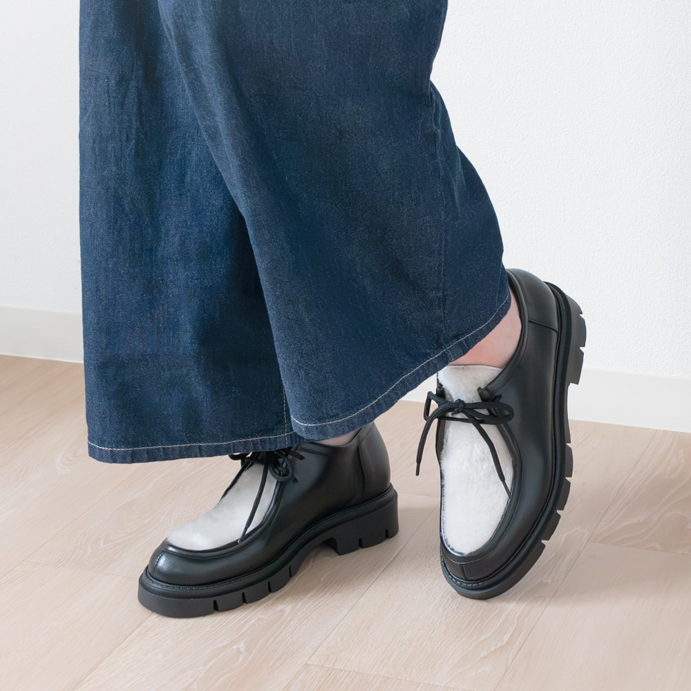 CORSO ROMA,9 [コルソローマ] ムートンコンビレースアップシューズ 5A OLGA381 NERO ブラック 本革 / インポート / レザー / 厚底 / ローファー / モード / LUSSY /