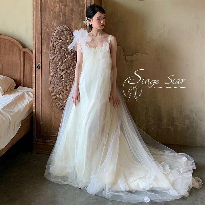 ウェディングドレス Aライン チュール ロング マキシ丈 キャミソール ノースリーブ ビスチェ 花嫁ドレス 結婚式 二次会 前撮り 森ガール系 ゆったり 大きいサイズ マタニティ ファスナー 海外挙式 リゾート ビーチフォト|ステージスター