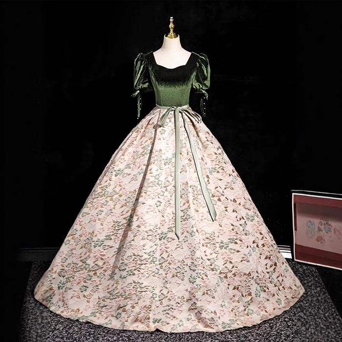 【全品最大25％OFF】 カラードレス ジャガード織物 ベロア 演奏会ドレス シンプル ロングドレス Aライン グリーン 緑 花柄 袖あり 編上げ 結婚式 二次会 花嫁衣裳 コンクール 演奏会用ドレス 発表会 舞台衣装 ウェディングドレス 袖付き プリンセスラインドレス