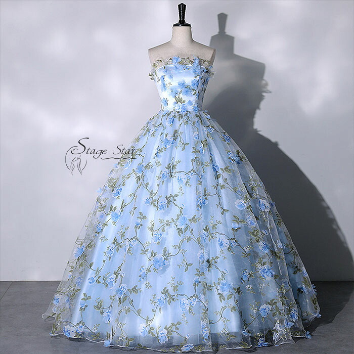 【全品最大25％OFF】 カラードレス 演奏会用ドレス ブルー ビスチェ 花柄 ロングドレス ウェディングドレス ウエディングドレス 花嫁 前撮り コンクール ロングドレス プリンセスライン 青 舞台 ステージ 衣装 コンサート 編み上げ