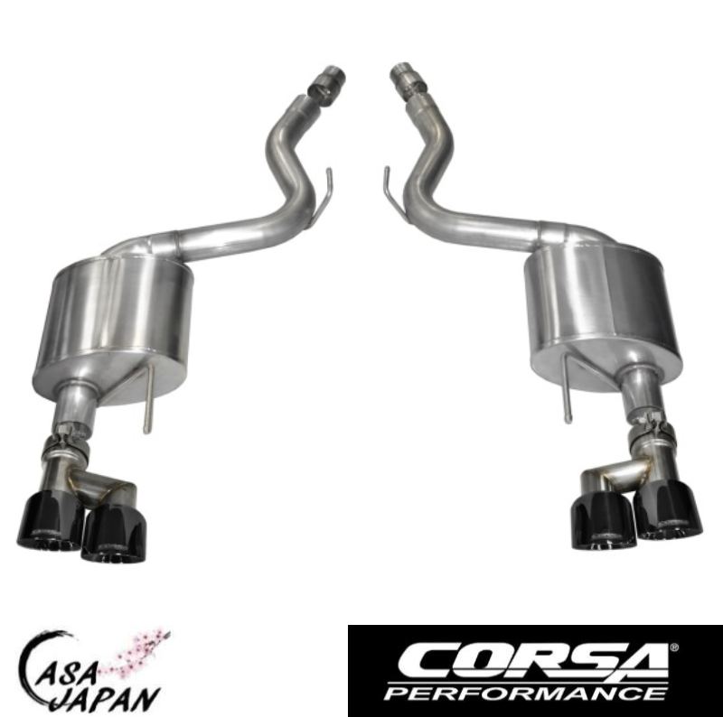 Corsa フォード マスタング GT 5.0L V8 クーペ・ファストバック S550 PREMIUMグレード用 4inch出口4本 2015~2017年 SPORT アクセルバック マフラー エキゾースト T304ステンレス ブラックデュアルウォールスラッシュカットチップ コルサ +BS｜カーサジャパン 185,000円
