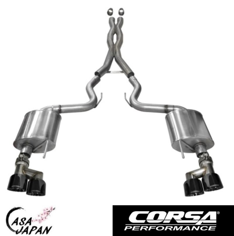 Corsa フォード マスタング GT 5.0L V8 クーペ・ファストバック S550 PREMIUMグレード用 4inch出口4本 2015~2017年 SPORT キャットバック マフラー エキゾースト T304ステンレス ブラックPVDデュアルウォールスラッシュカットチップ コルサ +BS|カーサジャパン