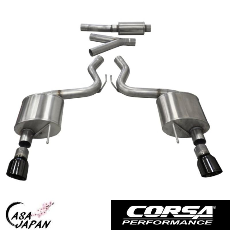Corsa フォード マスタング エコブースト 2.3T ターボ クーペ・ファストバック 4.5inch出口2本 2015~2023年 SPORT キャットバック マフラー エキゾースト T304ステンレス ブラックPVDデュアルウォールスラッシュカットチップ コルサ +BS