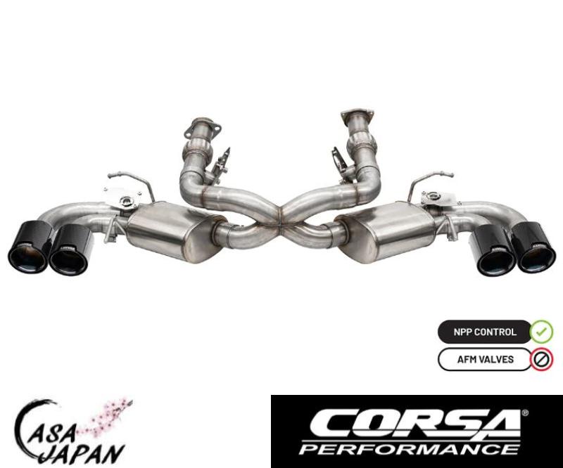 Corsa シボレー コルベット C8 6.2L LT2 V8 2020~2022年 AFMなし NPPあり キャットバック +18hp マフラー エキゾースト T304ステンレス カーボン・ブラックチップ コルサ +BS|カーサジャパン