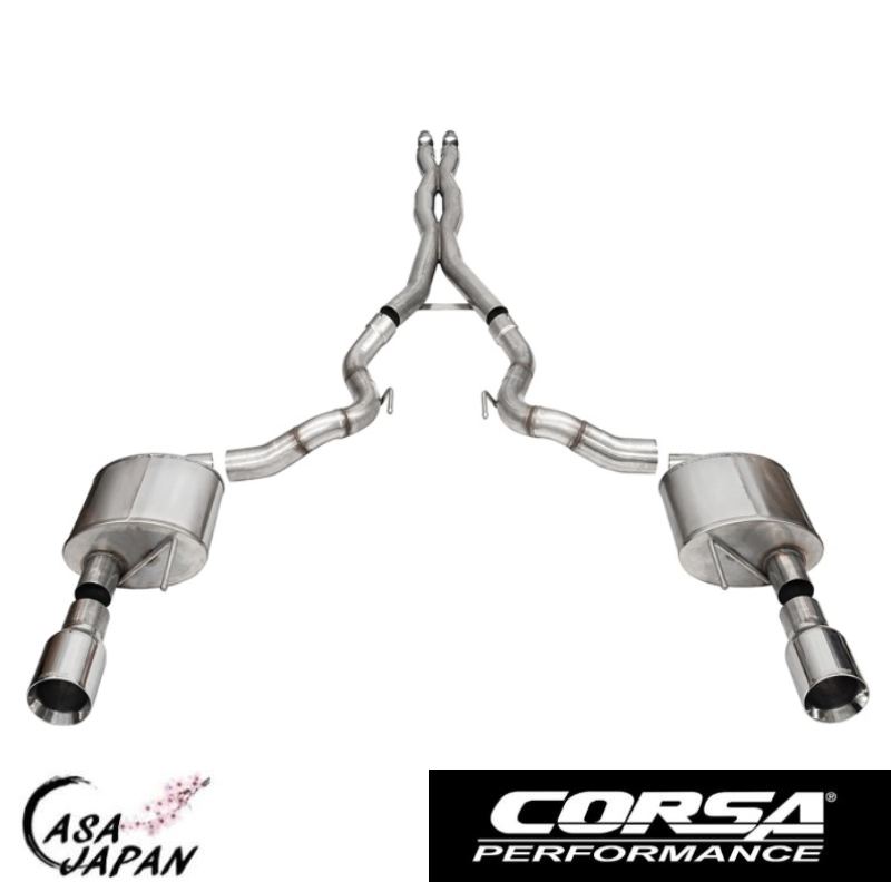 Corsa フォード マスタング GT コンバーチブル 5.0L V8 バルブ無し用 2024年～ XTREME キャットバック マフラー エキゾースト T304ステンレス ポリッシュデュアルウォールストレートカットチップ コルサ +BS｜カーサジャパン